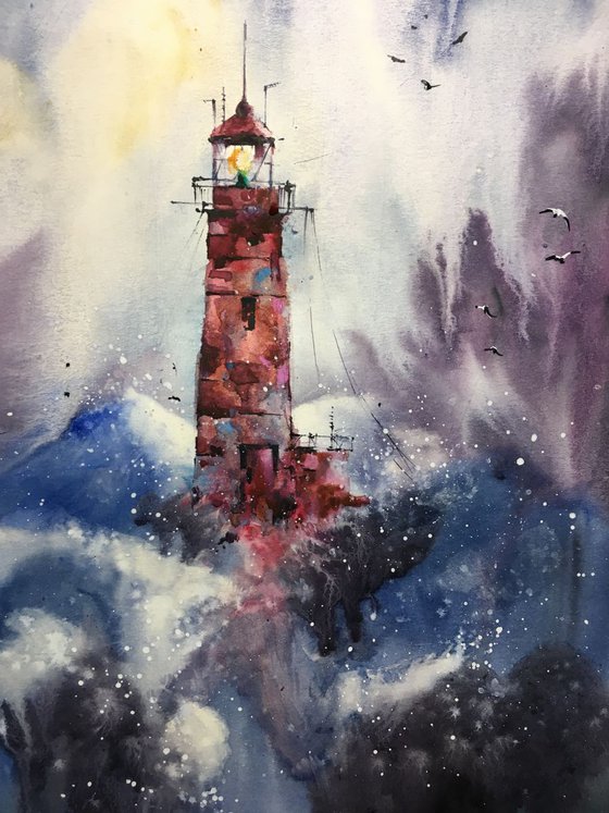 SOLD Watercolor "Sea storm. Red lighthouse”