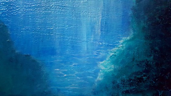 Submerged V - seascape on stretched cotton canvas, unique frothing technique, ready to hang, 70x50cm