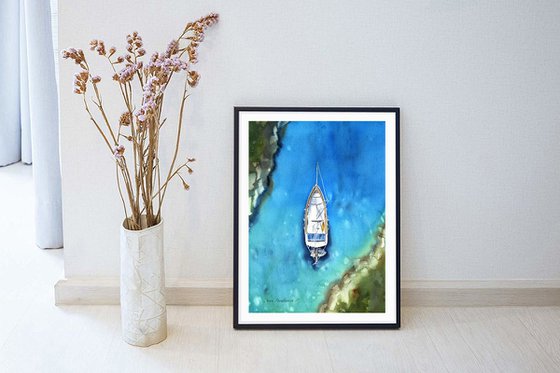 Sailing boat near the coast blue sea original watercolor painting medium size photorealistic stile gift idea