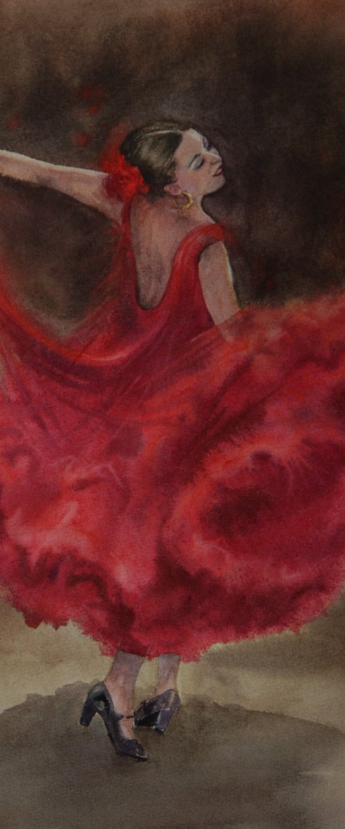 Flamenco Dancer in Red Dress by Olga Beliaeva Watercolour