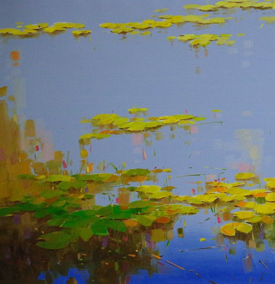 Waterlilies in Cobalt, Large Original oil Painting, Portrait Orientation,  Impressionism, Handmade artwork, One of a Kind