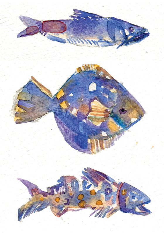 Three Small Blue Fish watercolor painting