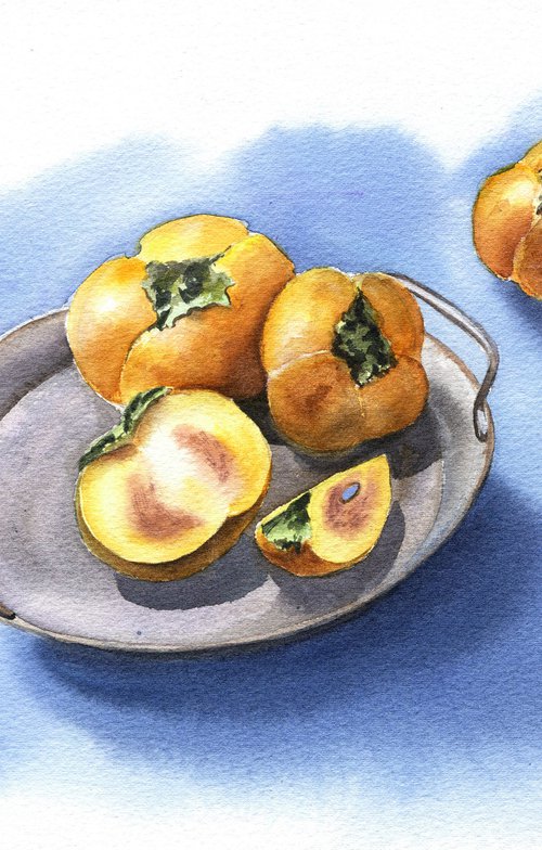 Orange fruit in blue original watercolor painting medium format, kitchen art, farmhouse decor by Irina Povaliaeva