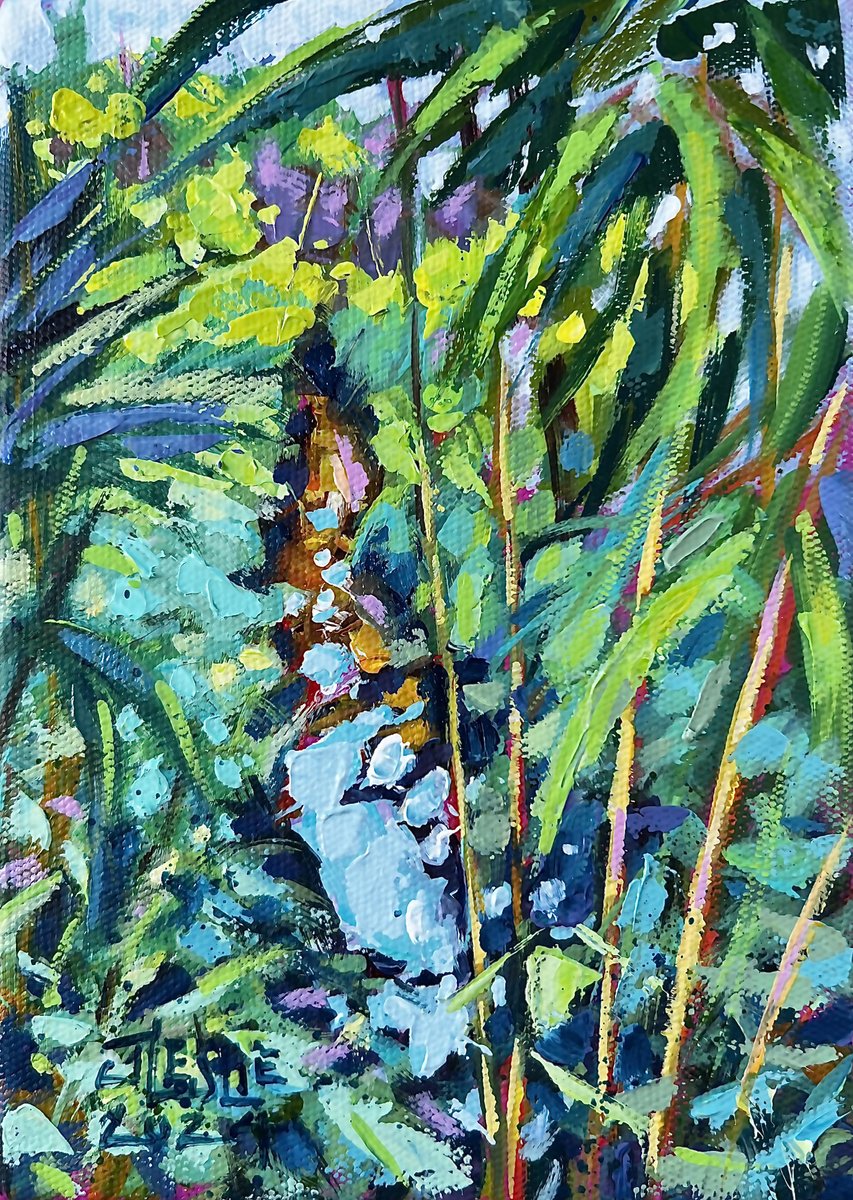 Impressionistic Landscape Acrylic Painting By Jimmy Leslie, 5 X 7, Suburban Jungle, Original Artwork