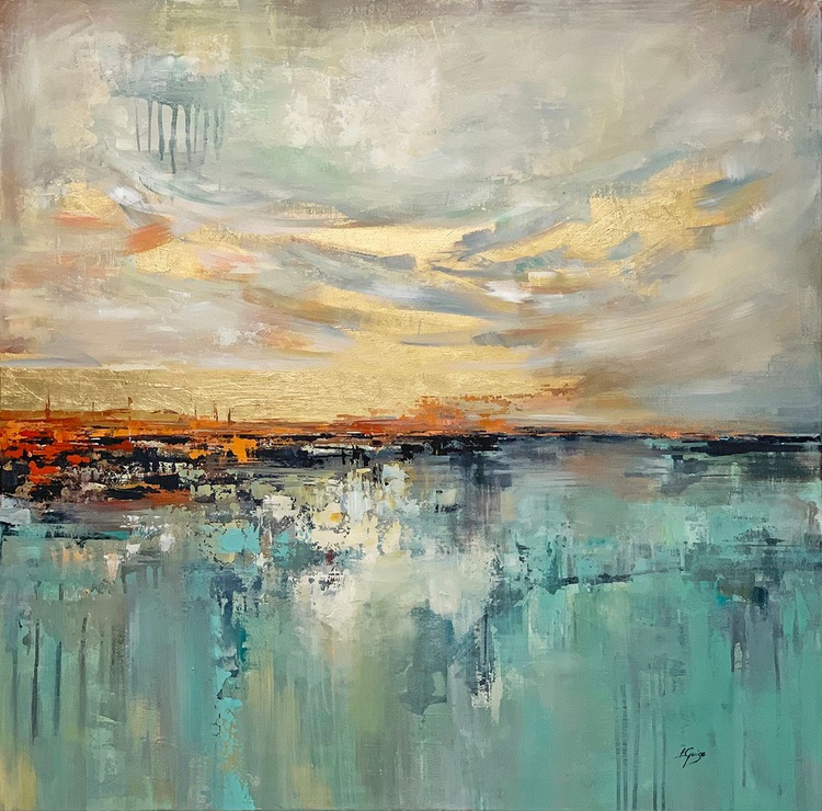 Gold Creme Teal Tuquoise Abstract Painting Large Artfinder
