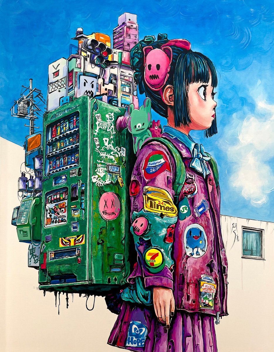 Urban And Pop Cityscapes Acrylic Painting By Pavs, 35 X 47", Girl With A Vending Machine, Original Artwork