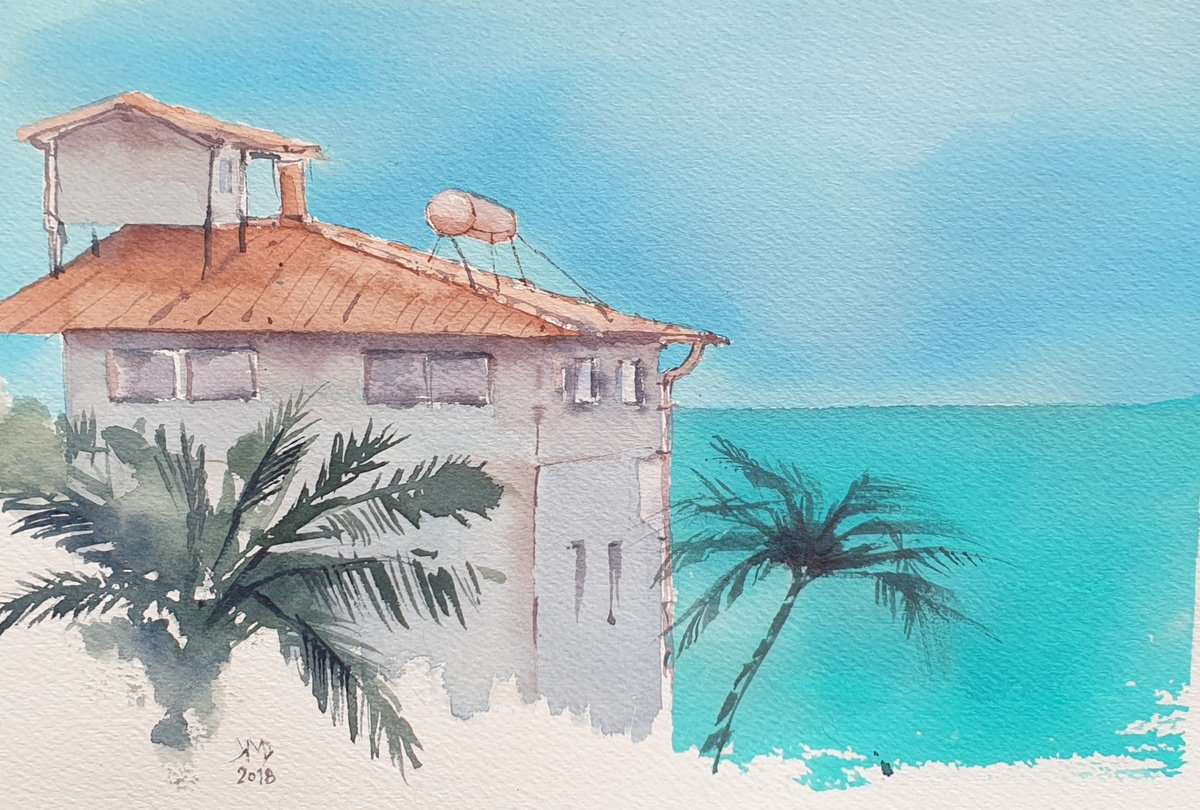 Expressive Landscape Drawing By Ksenia June, 10 X 7", Bahamas Before The Storm, Original Artwork