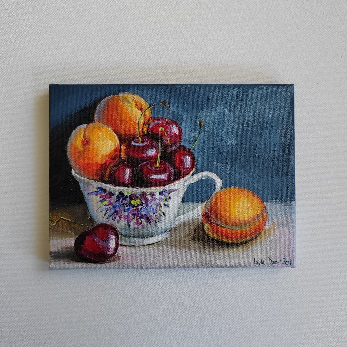 Impressionistic Still Life Oil Painting By Leyla Demir, 9 X 7", Apricot And Cheery Fruits, Original Artwork