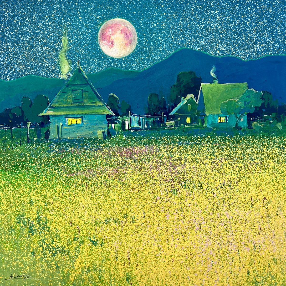 Impressionistic Landscape Painting By Andrii Kovalyk, 20 X 20, Moonlit Silence, Original Artwork