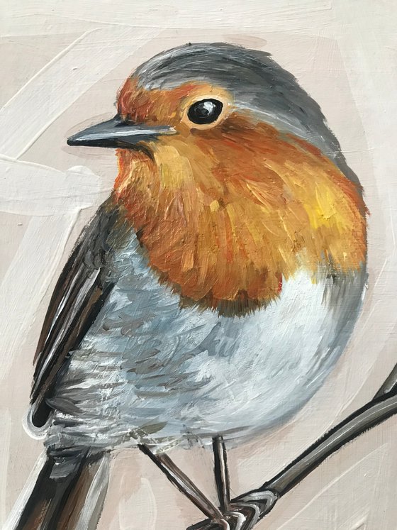 Robin bird Oil Painting golden framed 15x20cm