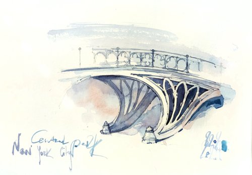 Architectural sketch in gray-blue tones "Bridge in Central Park, New York" - Original watercolor painting by Ksenia Selianko