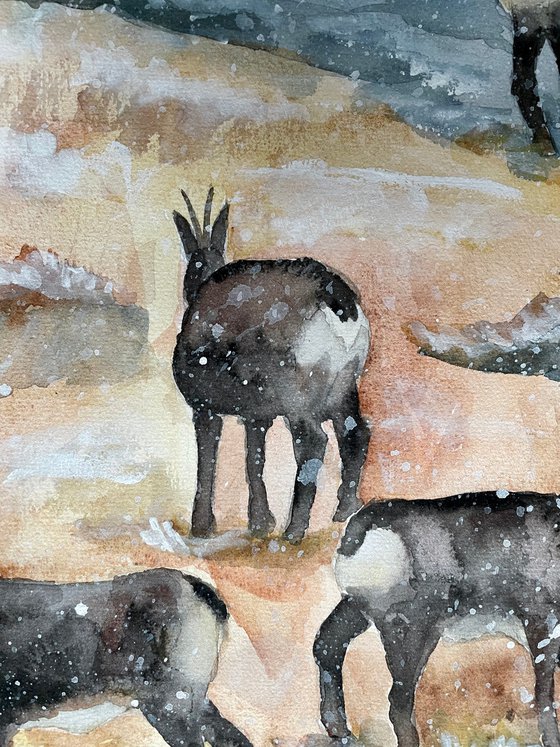 Mountain Large Original Watercolor Painting, Chamois Artwork, Goat Wall Art, Snowy Landscape Art, Farmhouse Home Decor