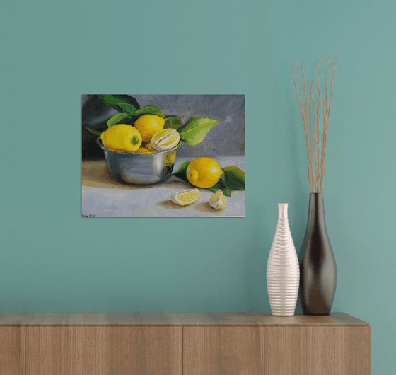 Lemon fruit slices in metal bowl oil painting still life