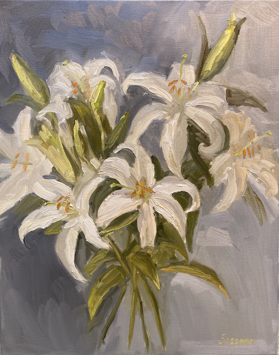 Impressionistic Botanical Oil Painting By Kate Sosonna, 16 X 20", Lilies, Original Artwork