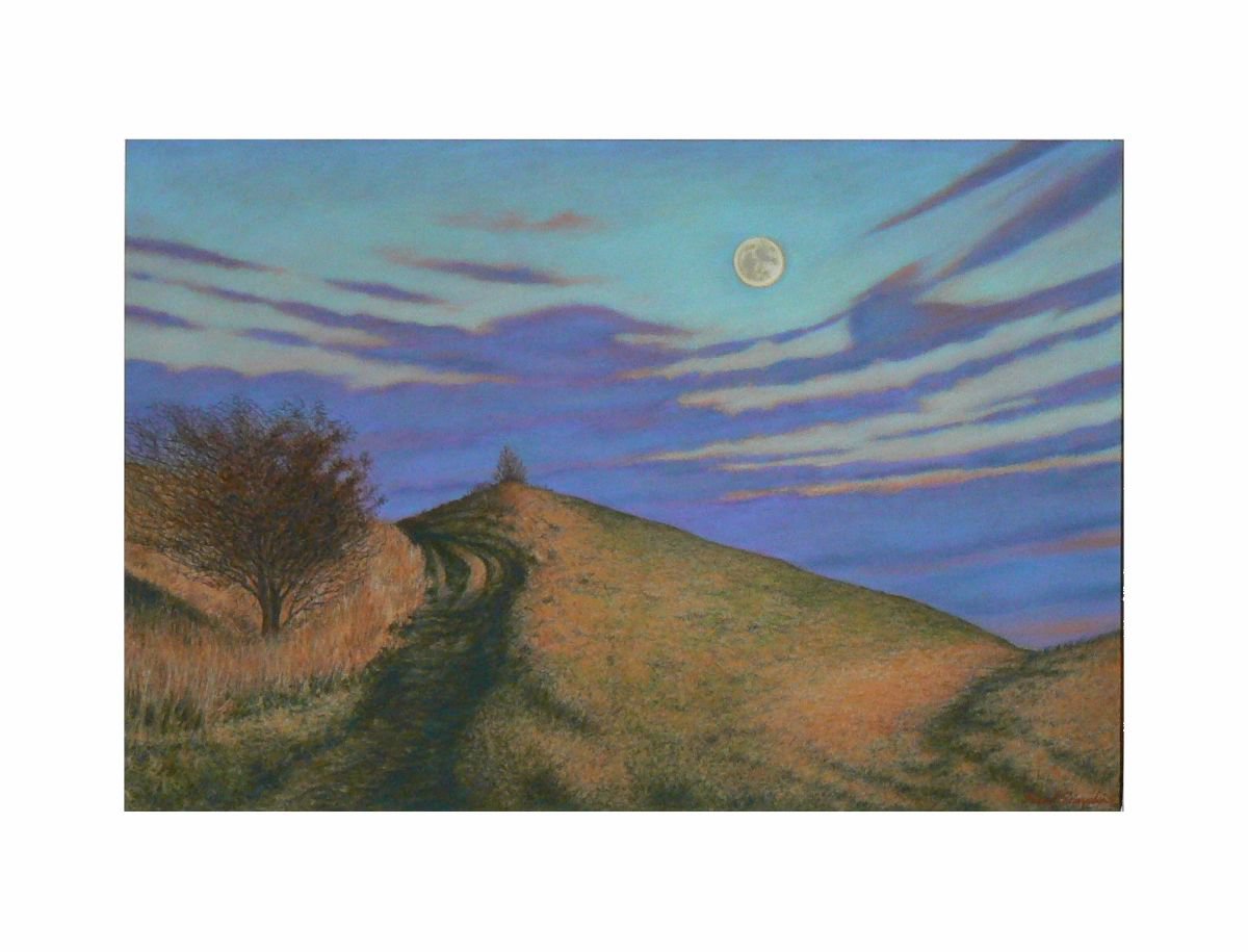 Illustrative Landscape Painting By Paul Simpkins, 26 X 20", Moon Over Barbury Castle, Original Artwork