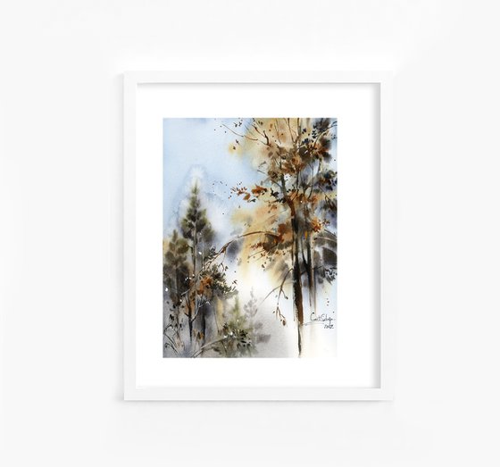 Forest Landscape Nature Watercolor Painting, Trees Painting