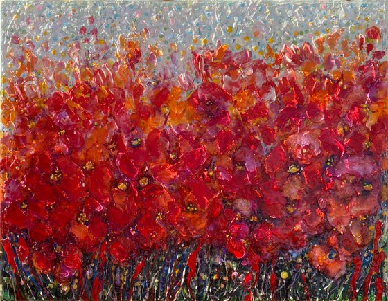 Poppy Field  -  Floral Abstract  Original Palette Knife Painting by OLena Art 14 X 18: X 0.5"