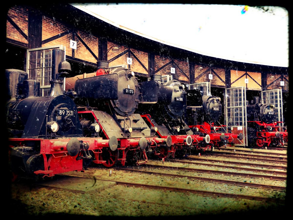 Old steam trains in the depot - print on canvas 60x80x4cm - 08504m2 by Kuebler