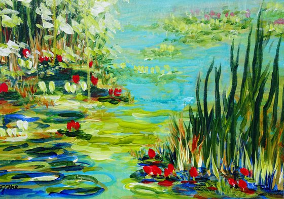 WATER LILY POND II. WATER REFLECTIONS.  Modern Impressionism inspired by Claude Monet Water-lilies