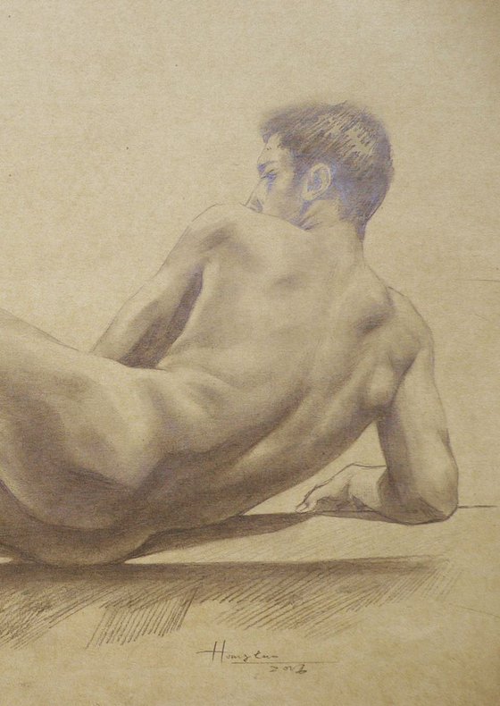original art drawing pencil  male nude man on brown paper #16-6-1