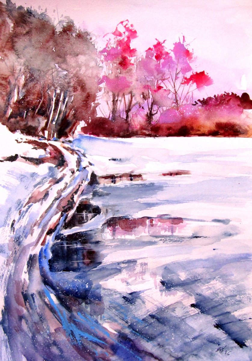 Impressionistic Watercolour , Snowy Landscape By Kovacs Anna Brigitta, 12 X 17, Artwork For Sale On Artfinder