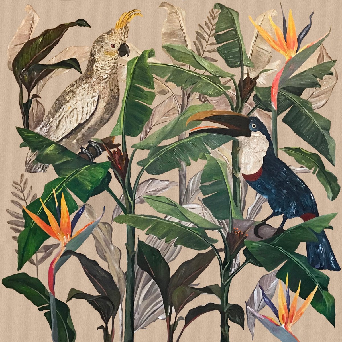 Jungle Light N4 - Cockatoo and Touchan Fern - Tropical - Art-Deco - Organic Floral, Large... by Artemisia