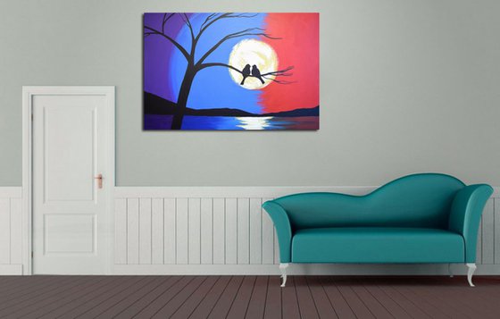 landscape painting love birds romance large wall art tree of life original abstract painting art canvas colour paint red yellow sky blue - 24 x 36 inches