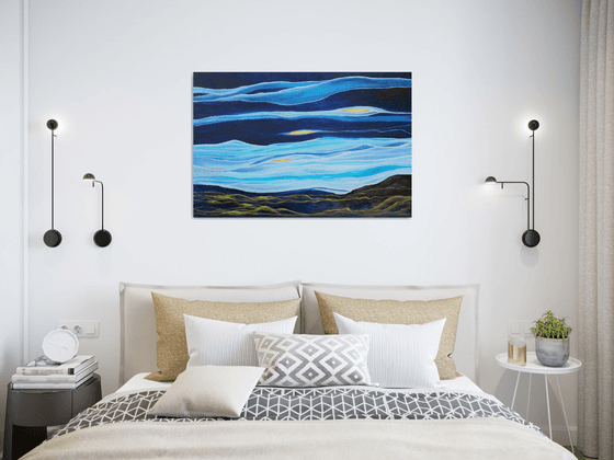 Large Abstract Seascape Painting. Ocean Waves. Blue and Gold Abstract Landscape Painting