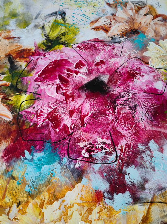 "Vibrant Floral Passion", XXL abstract flower painting