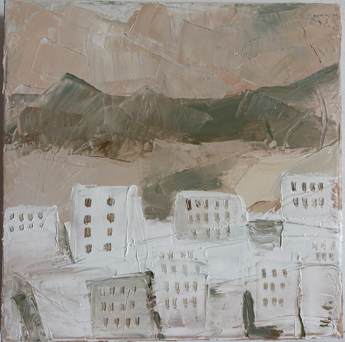 Expressive Oil Painting , Coastal White Mediterranean Houses By Daniela Nocito, 12 X 12, Artwork For Sale On Artfinder