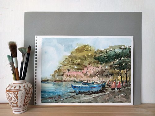 The famous clifftop town of Positano, watercolor painting on paper, 2023 by Marin Victor