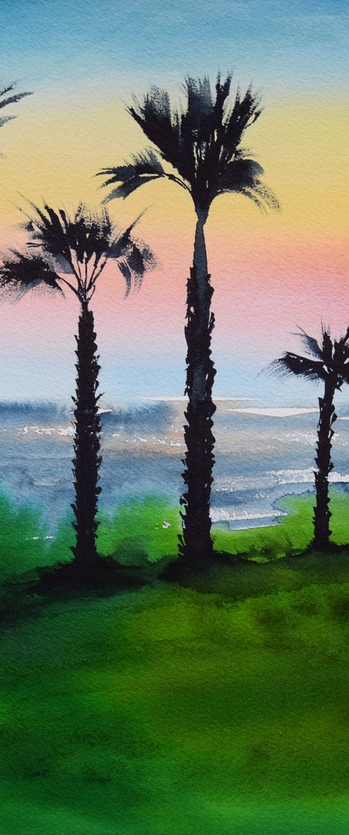 Palms Watercolour Painting, Sea Beach Original Art, Coastal Wall Decor by Kate Grishakova