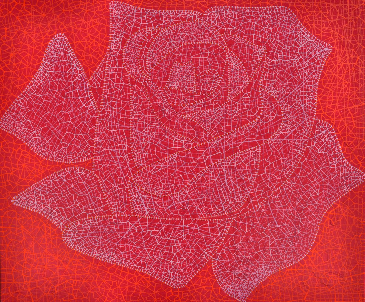 Graphic Botanical Acrylic Painting By Tingqun Zhang, 24 X 20", Rose, Original Artwork