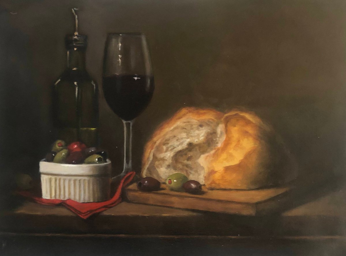 Wine, Bread, and Olives by Marybeth Hucker