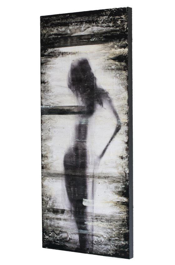 "The lady in the shadows" (80x35x2.5 cm) - Unique figurative artwork on wood (abstract, figurative, gold, original, resin, beeswax, painting)