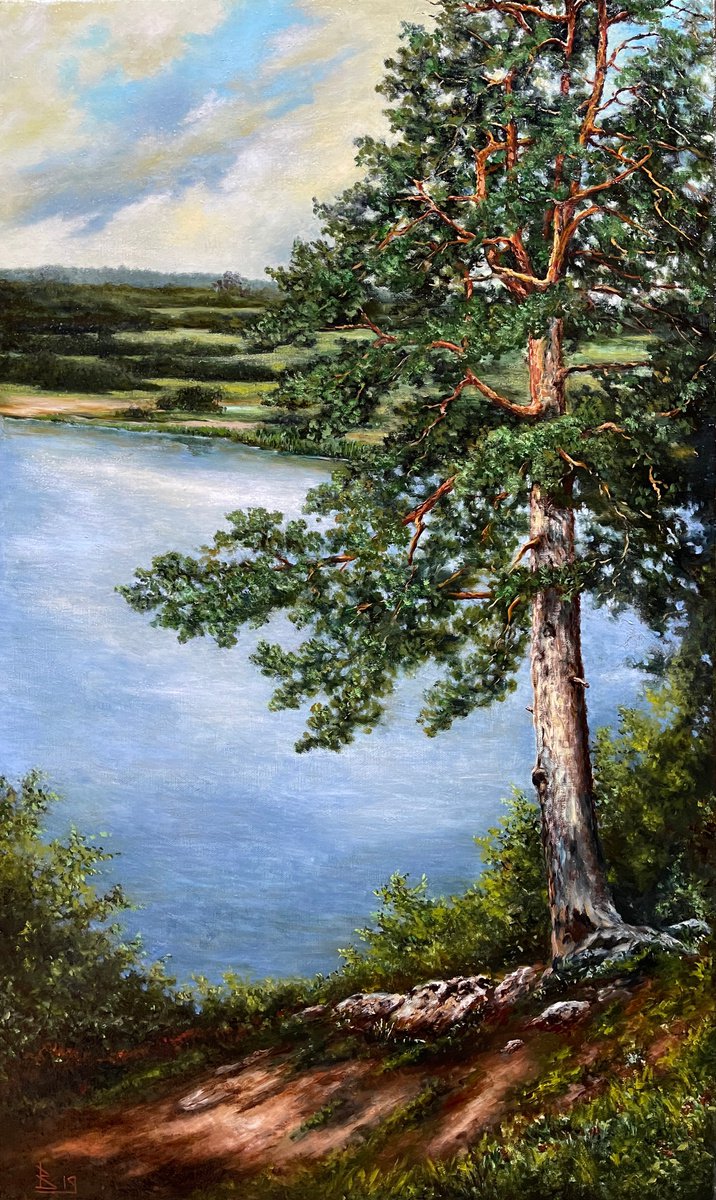 Impressionistic Landscape Oil Painting By Oleg Baulin, 18 X 30", The Pine On The Shore, Original Artwork