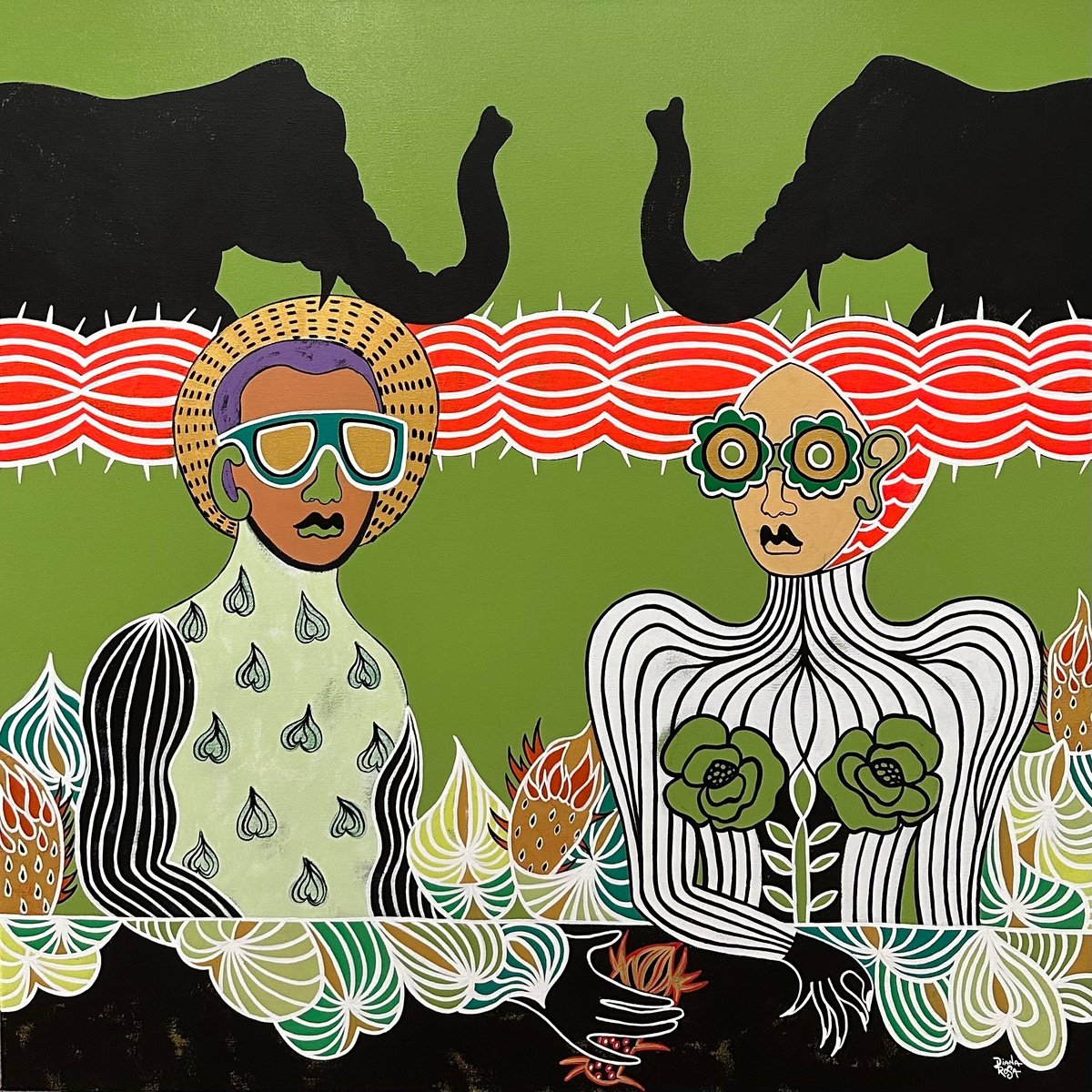 Surrealistic Portrait Acrylic Painting By Diana Rosa, 36 X 36, Jungle Room, Original Artwork