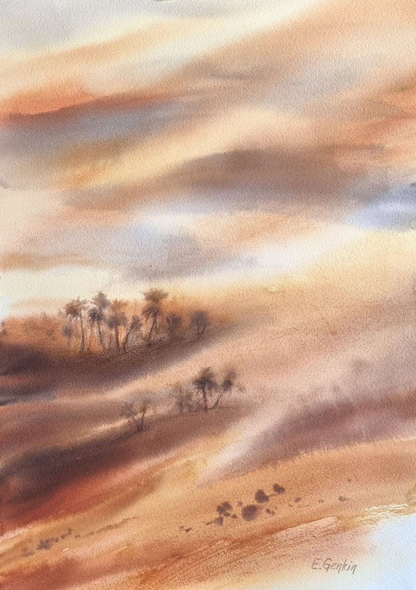 Impressionistic Landscape Watercolour By Elena Genkin, 12 X 16, Desert #5, Original Artwork