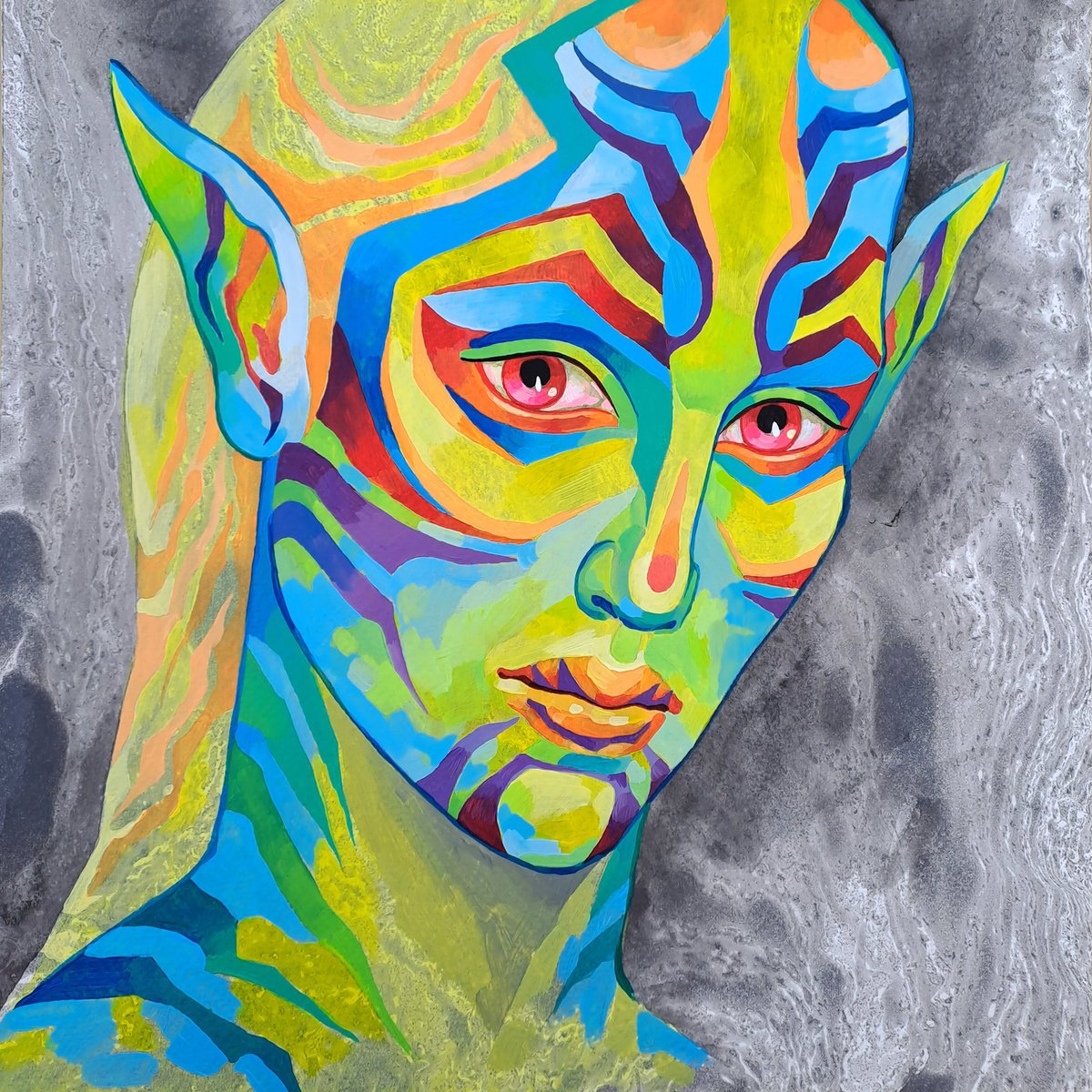 Abstract Portrait Acrylic Painting By Mariia Raskin, 10 X 10", Forest Elven, Original Artwork