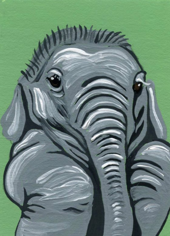 ACEO ATC Original Miniature Painting Baby Elephant Wildlife Art-Carla Smale