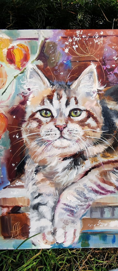 Animals oil painting, Cat painting on canvas by Annet Loginova
