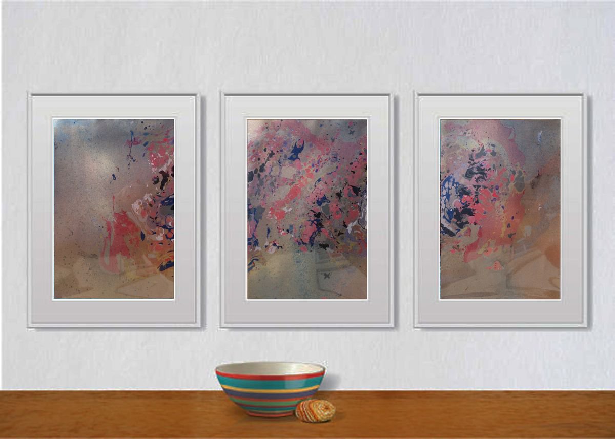 Set of 3 Fluid abstract original paintings on carton - 18J047 by Kuebler