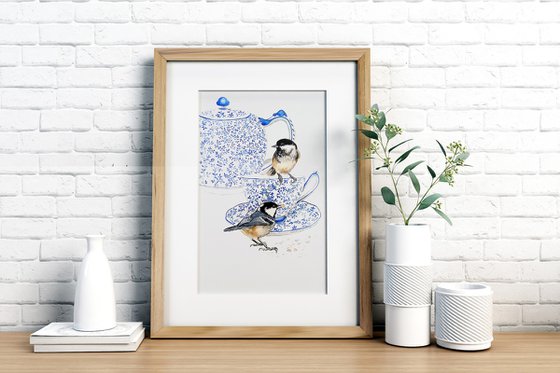 Oh crumbs ( Blue and white China tea set and birds watercolour painting )