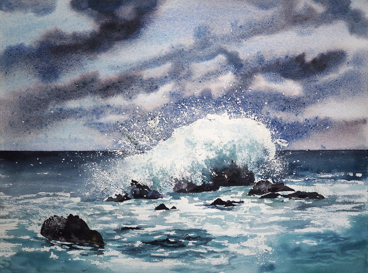 Impressionistic Landscape Watercolour By Delnara El, 15 X 11, Autumn Sea, Original Artwork