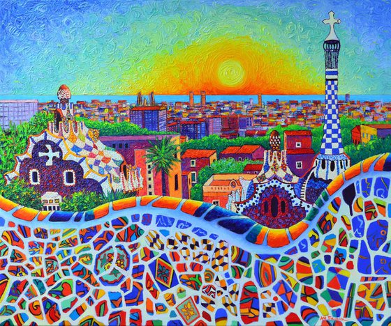 BARCELONA FROM PARK GUELL at sunrise impasto textural modern impressionist palette knife oil painting by ANA MARIA EDULESCU