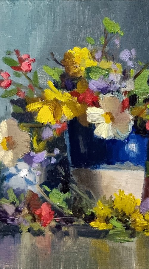Garden Flowers in a Blue Cup by Pascal Giroud