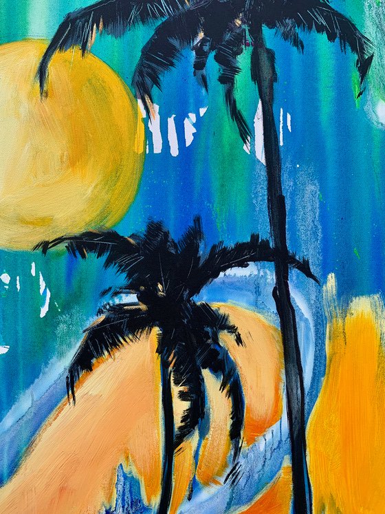 Bright sunset - "California sunset" - Pop Art - Palms - Old school car - Miami - Ocean - Seascape