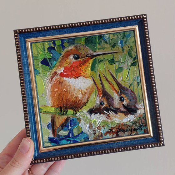 Rufous hummingbird orange on nest chicks bird oil painting original 5x5 inch in blue frame