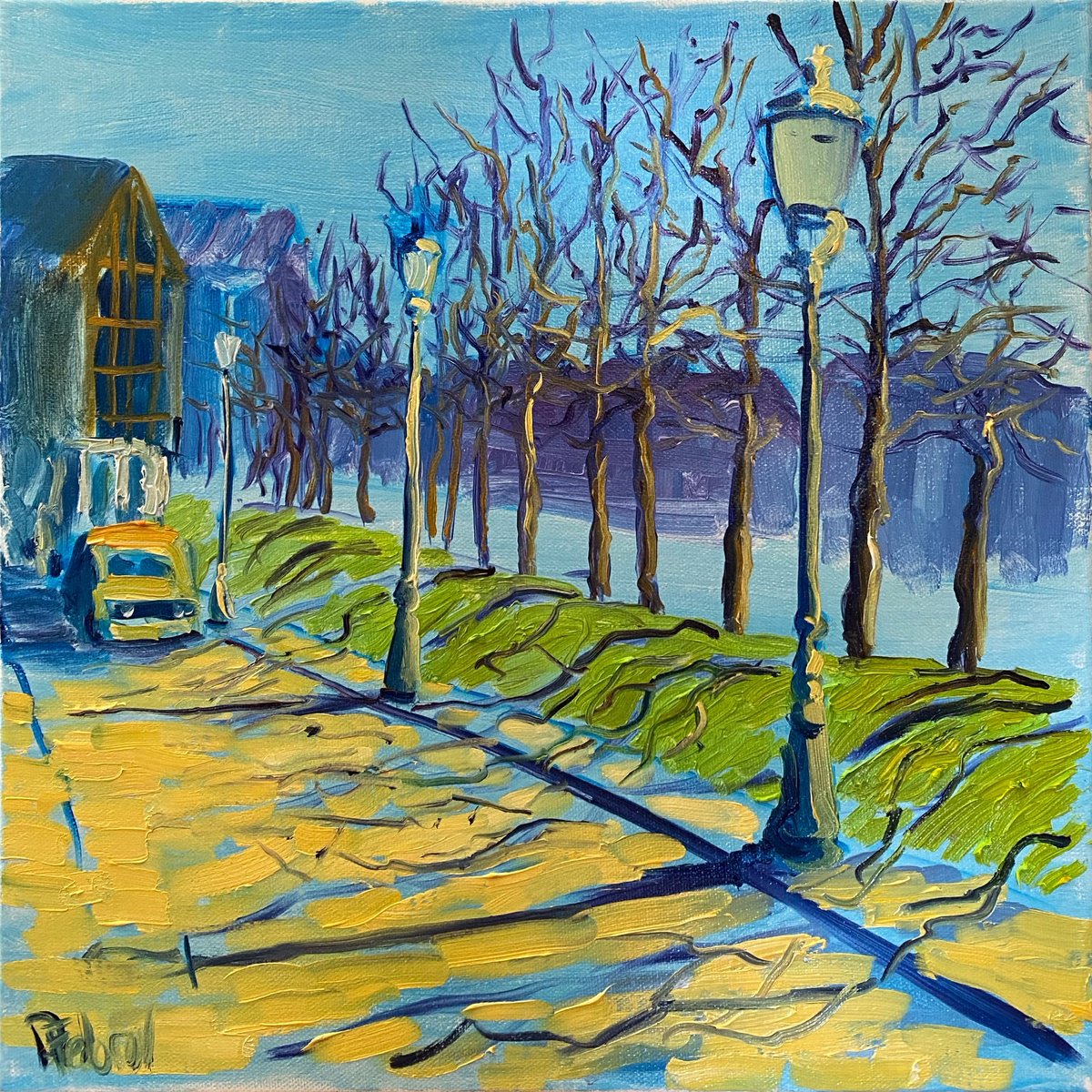 Impressionistic Landscape Oil Painting By Dmitry Fedorov, 16 X 16, Spring Morning Shadows, Original Artwork