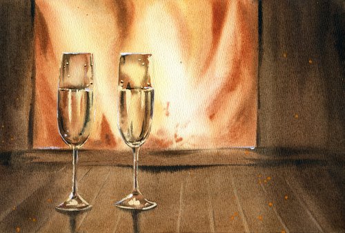 Cozy evening by the fireplace. Two glasses of champagne by the fireplace. Original watercolor artwork. by Evgeniya Mokeeva